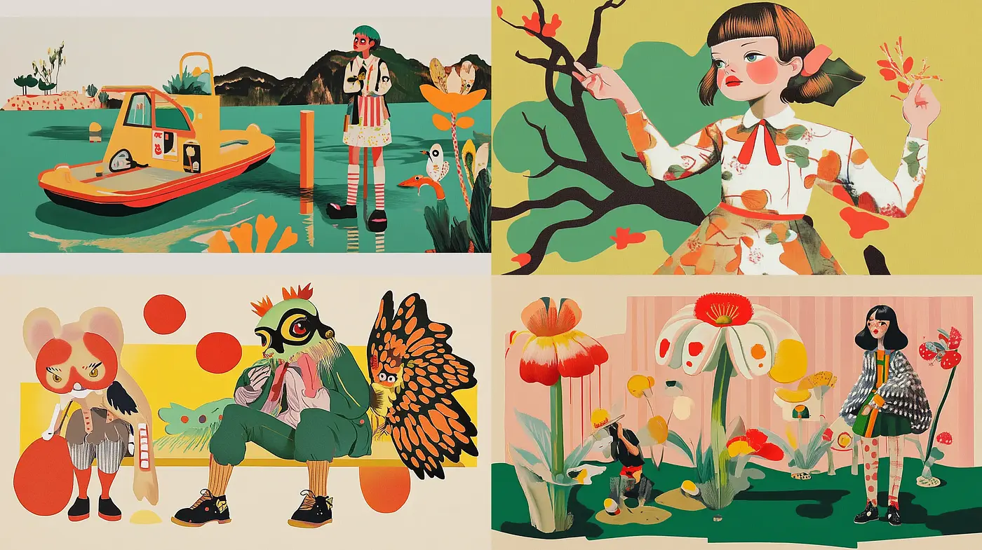 Whimsical Storybook Illustration Fusion with Vibrant Tones and Flat Design - Midjourney sref style