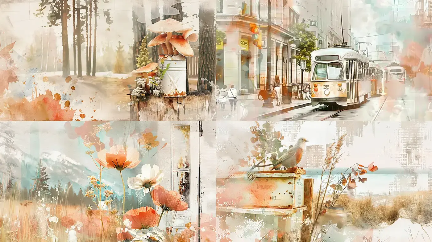 Soft, serene landscapes with organic textures and pastel hues - Midjourney sref style