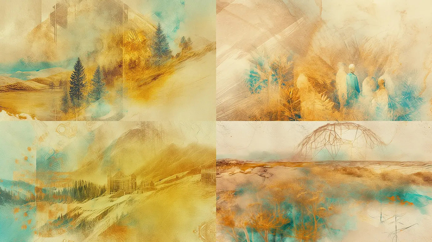 Ethereal Amber Dreamscape: A Consistent Study in Vintage Aesthetics and Soft Textural Hues - Midjourney sref style