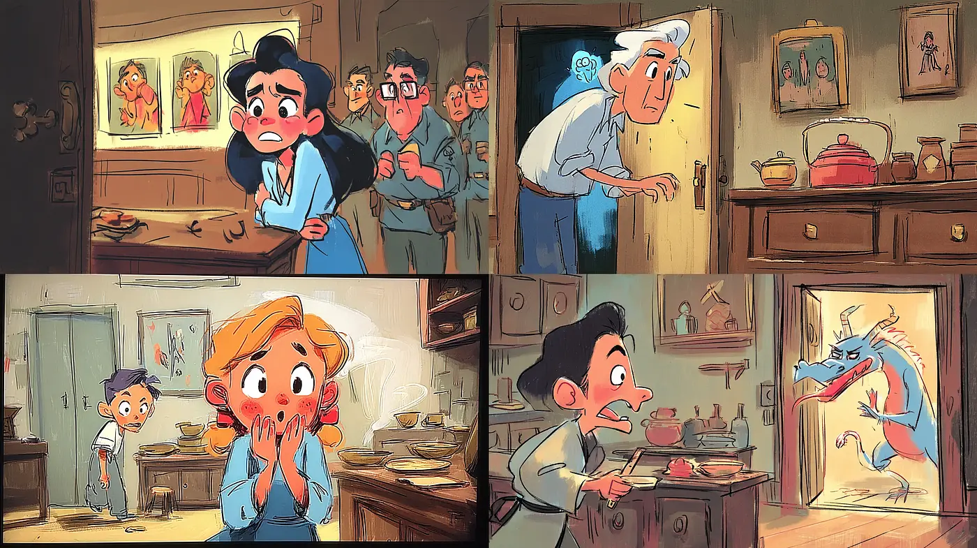 Whimsical and Expressive Animated Style with a Touch of Tension - Midjourney sref style