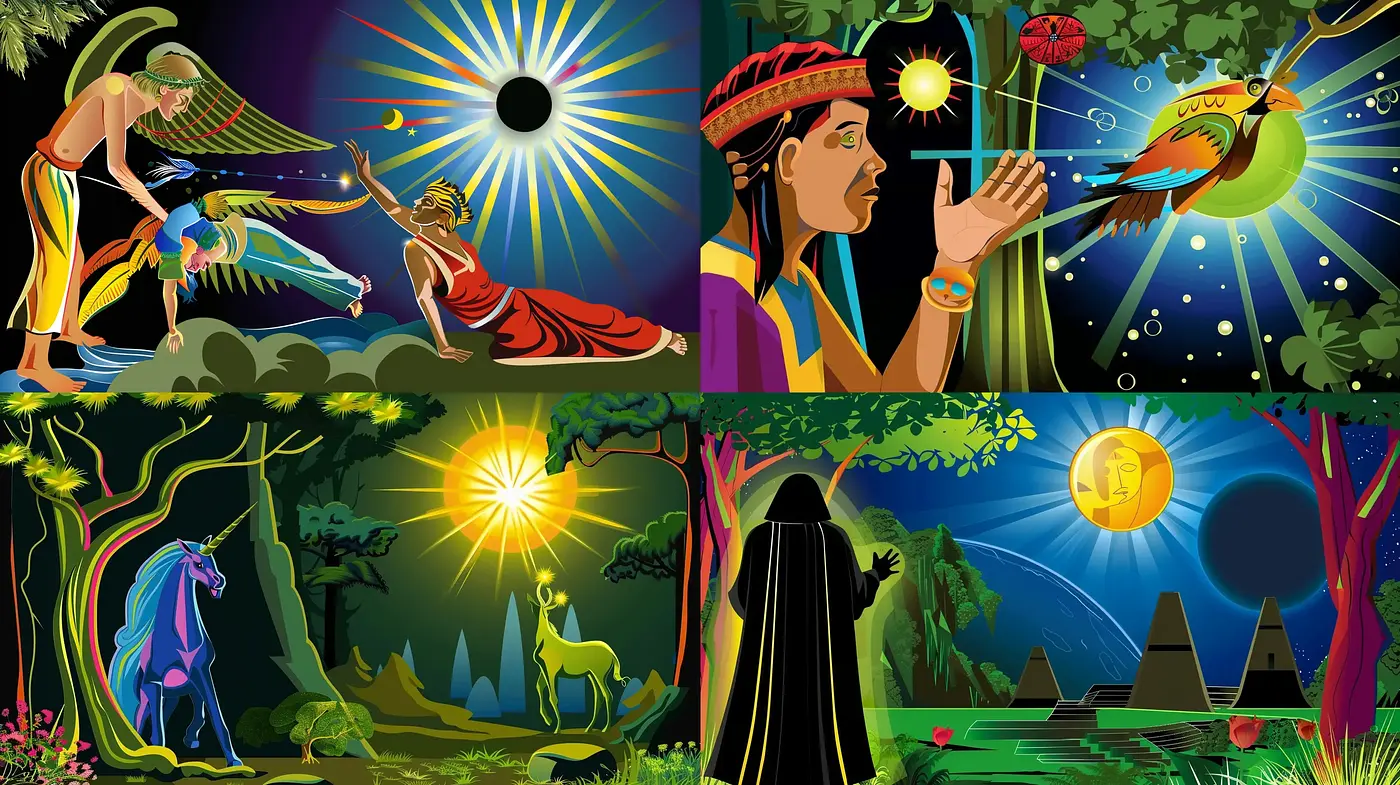 Mystical Eclipses in Vivid Myths: A Homage to Art Deco Stylisation - Midjourney sref style