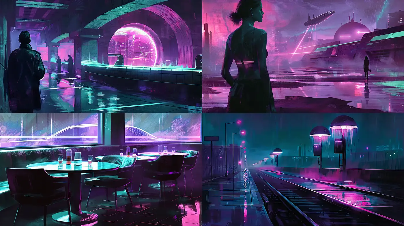 Neon-Noir Dreamscapes: A Synthesis of Cyberpunk and Atmospheric Mystery - Midjourney sref style