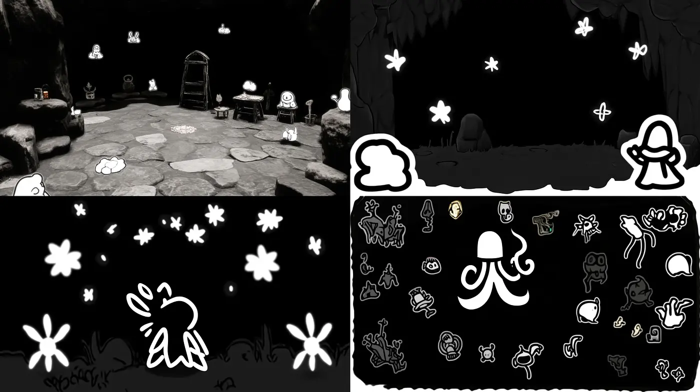 Monochromatic Whimsy and Contrast in Stylized Dreamscapes - Midjourney sref style