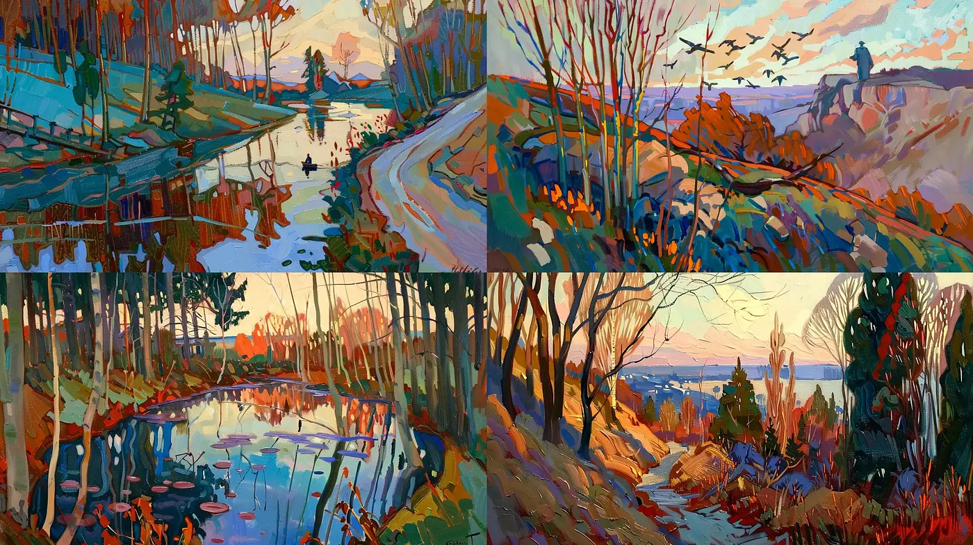 Luminous Twilight Interplay: A Study in Stylized Post-Impressionist Landscapes - Midjourney sref style