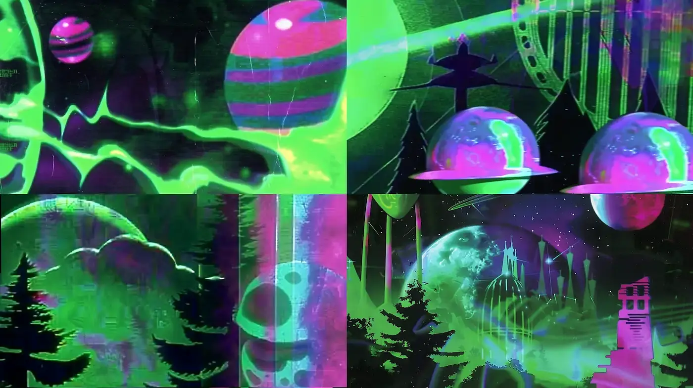 Vibrant Cosmic Landscapes with Neon Accents and Retro Aesthetic - Midjourney sref style