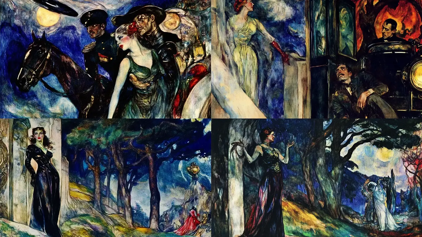Moody Enigmatic Expressionism with Vivid Textural Contrasts - Midjourney sref style