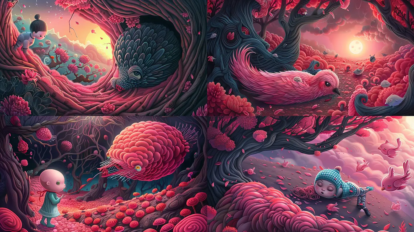 Enigmatic Twilight: A Harmonious Blend of Dreamlike Hues and Surrealist Forms - Midjourney sref style