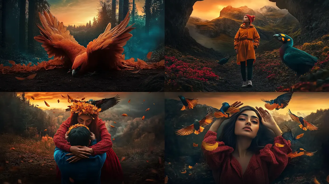 Enchanted Autumnal Twilight: A Cinematic Fusion of Warm Hues and Mythical Wildlife - Midjourney sref style