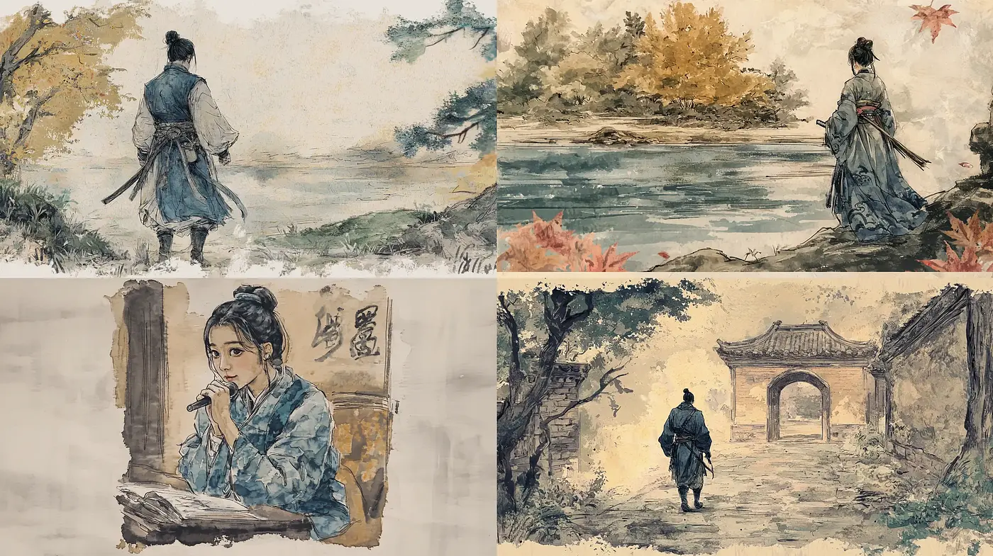 Tranquil Scenes of Historical East Asia in Muted Watercolor Tones - Midjourney sref style