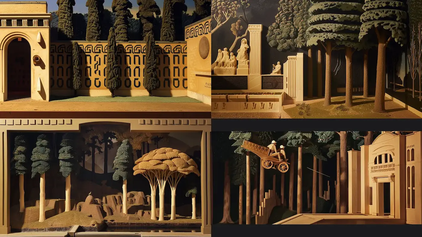 Surreal Architectural Landscapes with Organic Forms and Muted Textures - Midjourney sref style