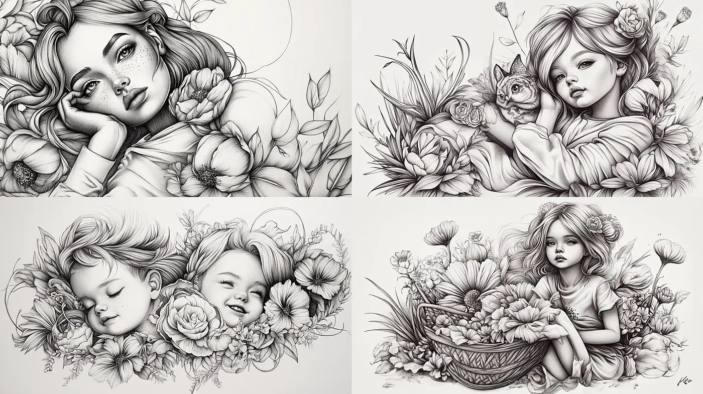 Monochromatic Blossoms: An Exploration of Detailed Floral Ink Art - Midjourney sref style