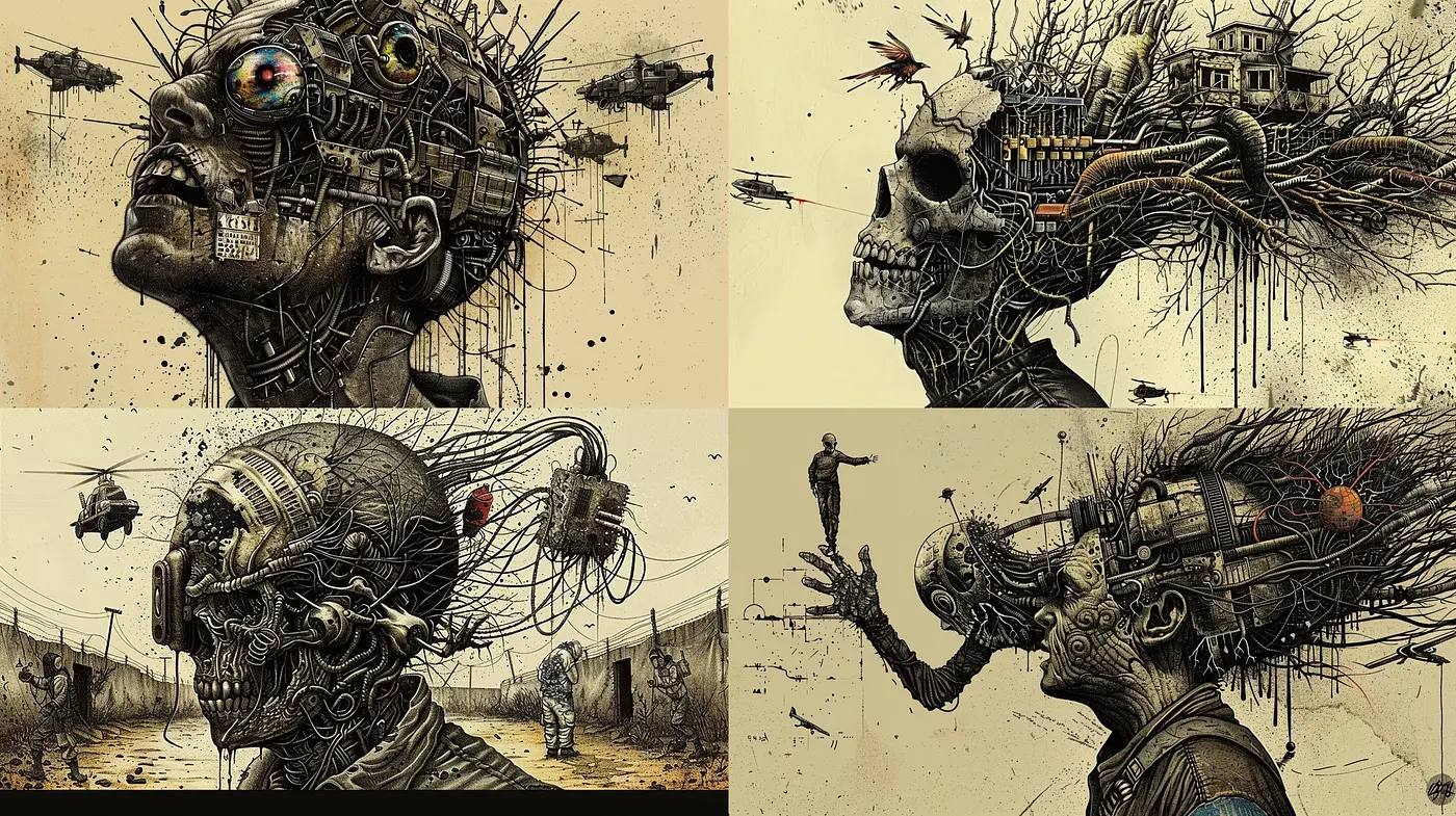 Gritty Post-Apocalyptic Surrealism with Influences of Steampunk and Macabre - Midjourney sref style
