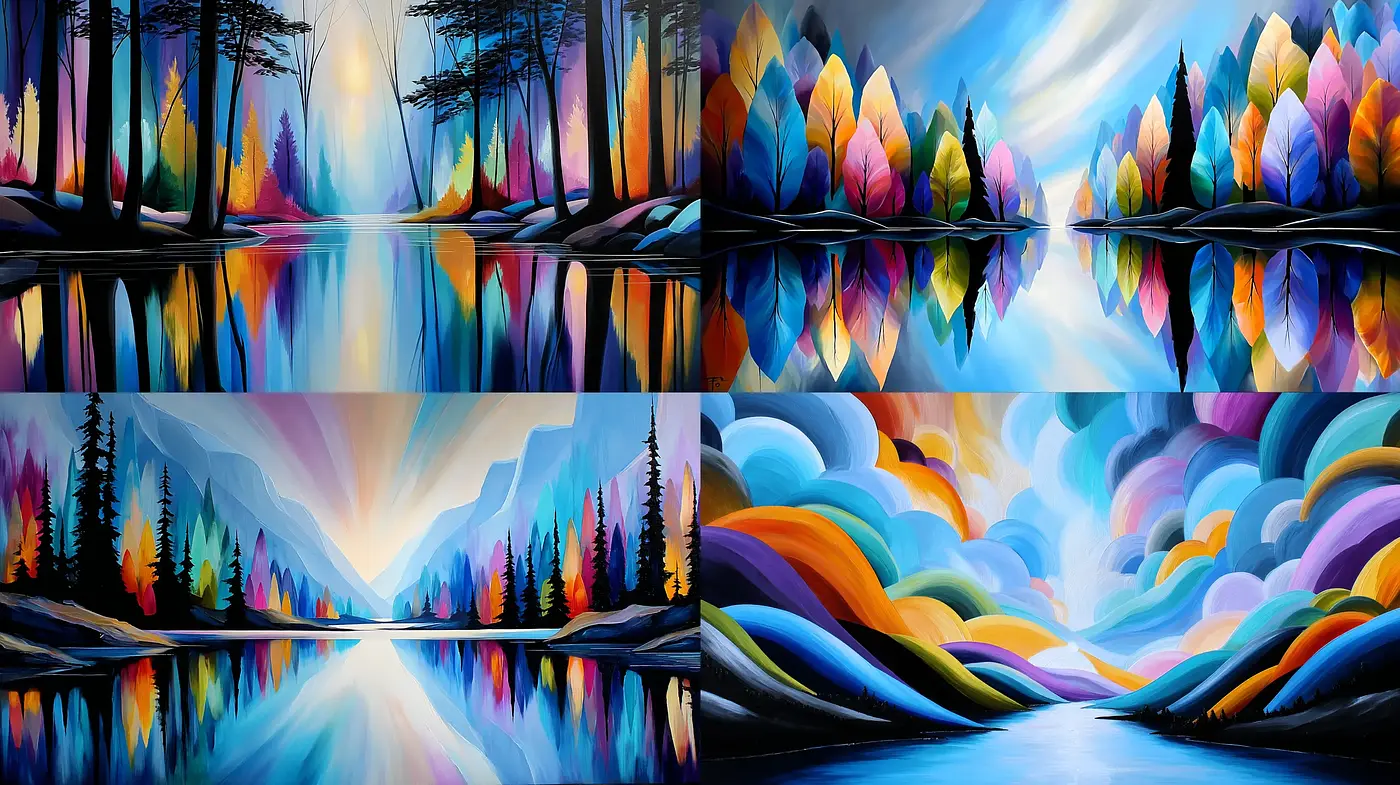 Vibrant and Dreamlike Landscape Art with Reflected Elements - Midjourney sref style