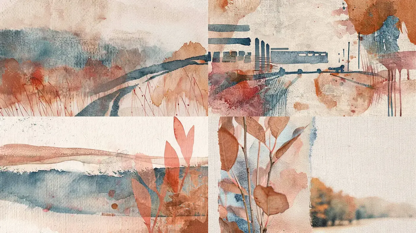 Soft Watercolor Landscapes with Natural Elements - Midjourney sref style