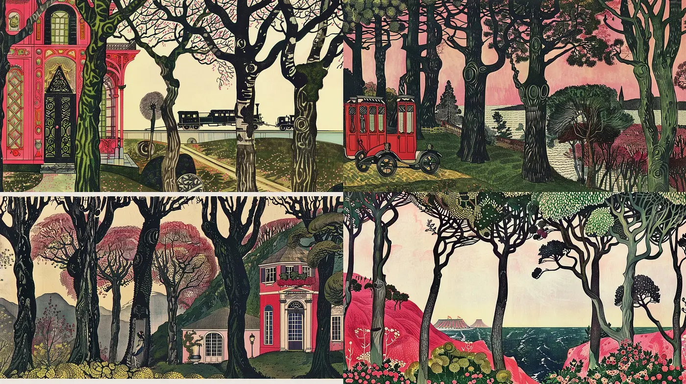 Enchanted Arbor Retrospective - A Dreamlike Homage to Whimsical Nature and Vintage Landscapes - Midjourney sref style