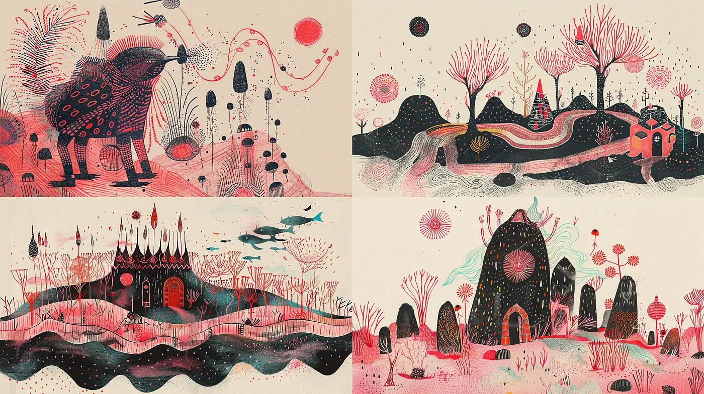 Whimsical Dotted Landscapes and Fantastical Fauna - Midjourney sref style