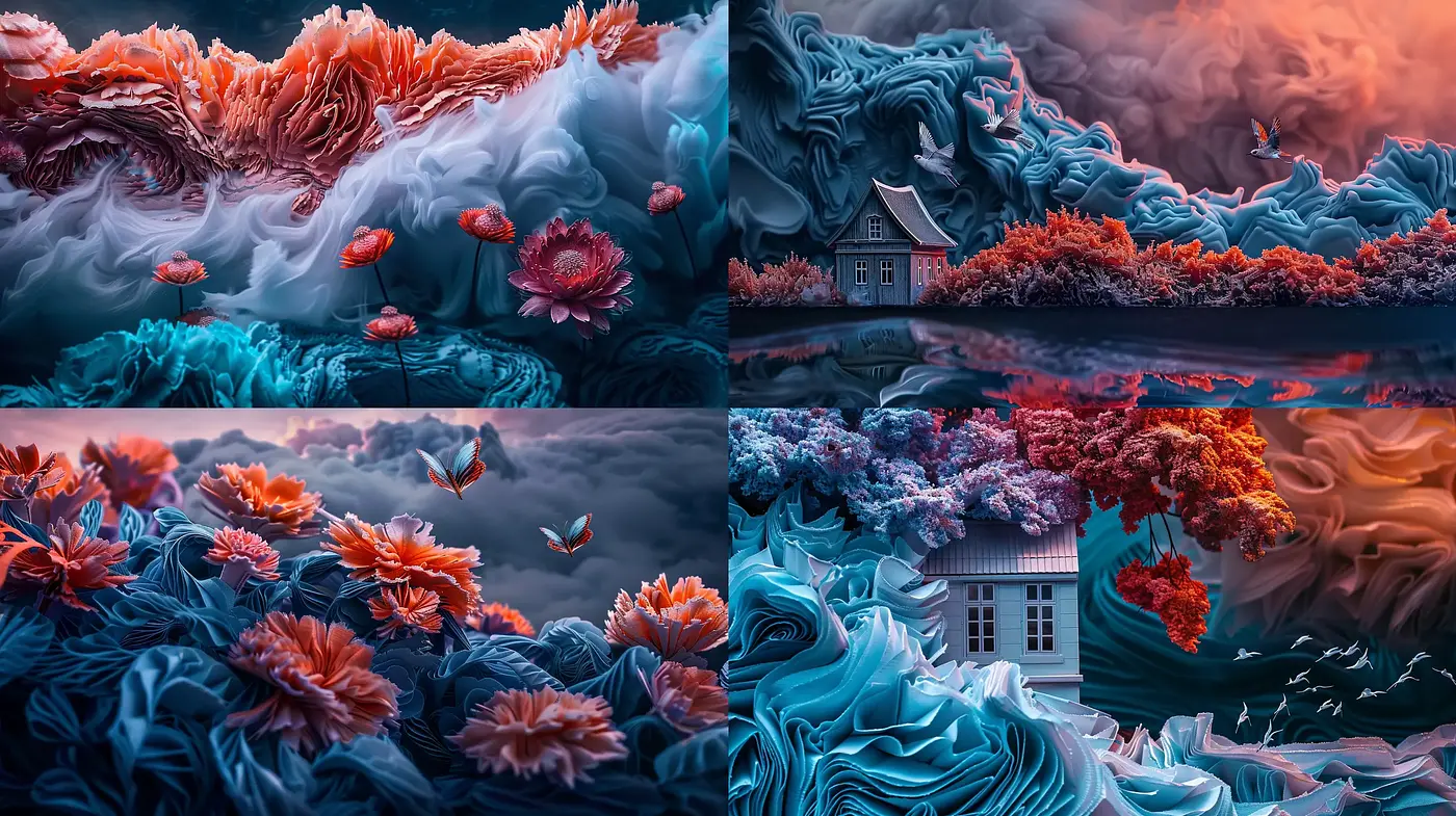 Surreal Dreamscapes with Vivid Contrasts and Ethereal Textures - Midjourney sref style
