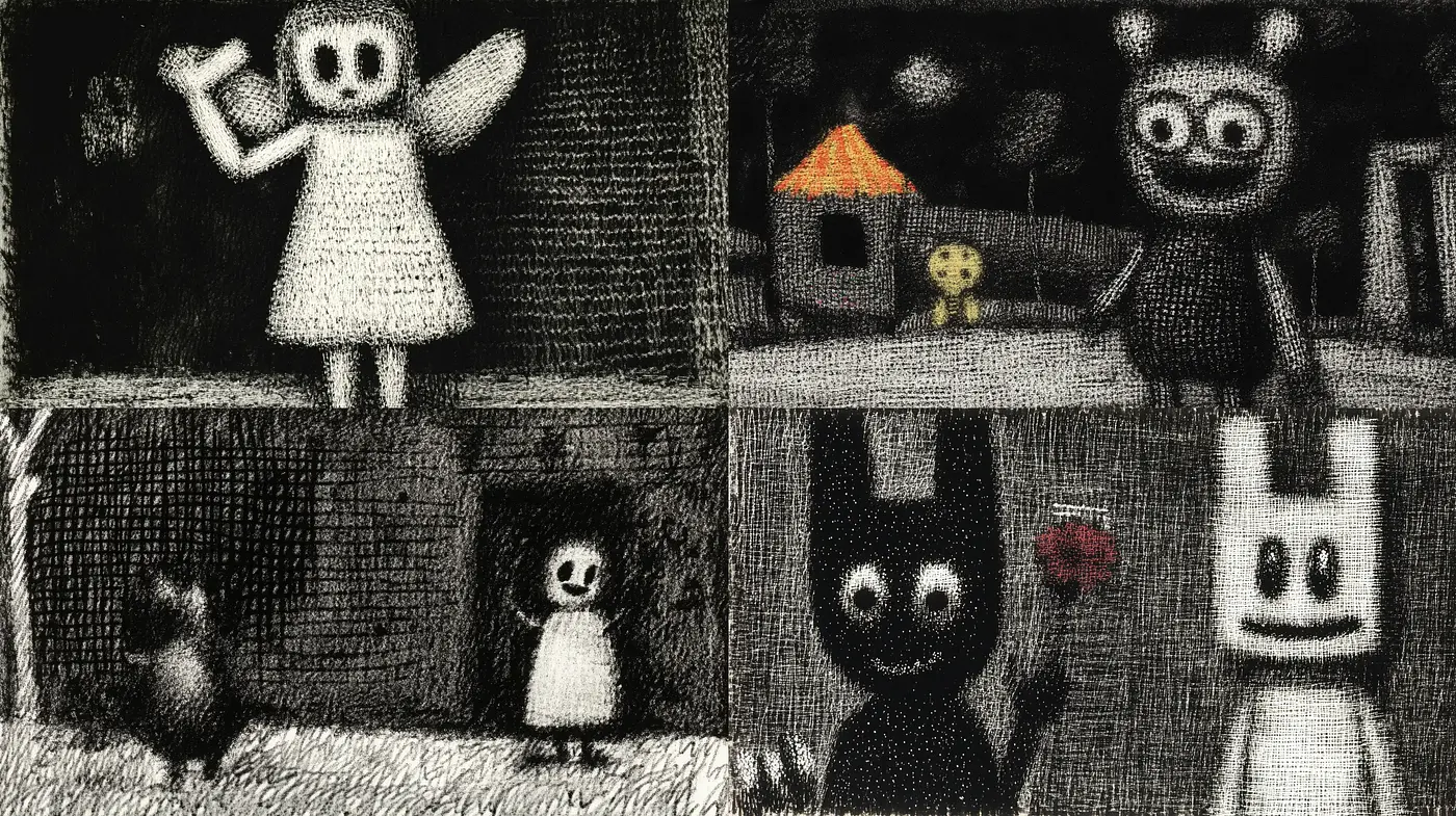 Charcoal Sketchbook Fantasia with Monochromatic Whimsy - Midjourney sref style