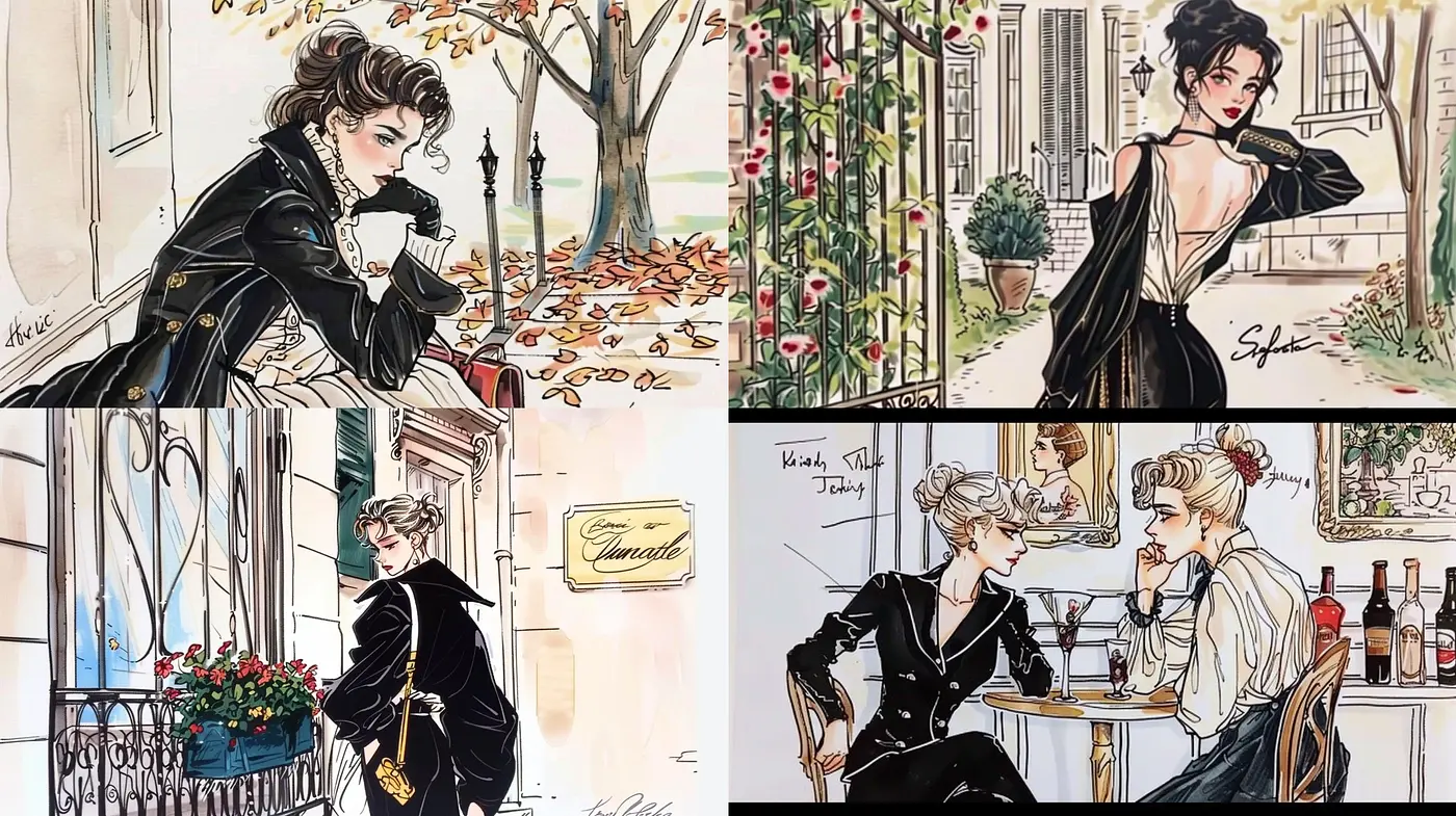 Whimsical Elegance in Brush and Ink: A Harmonious Blend of Modern Chic and Classic Romance - Midjourney sref style