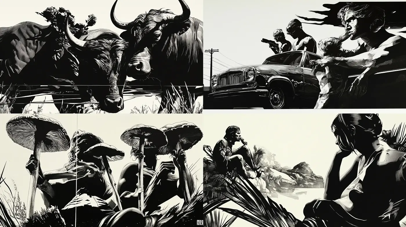 Monochromatic Dynamism in Figurative Silhouetted Artistry - Midjourney sref style