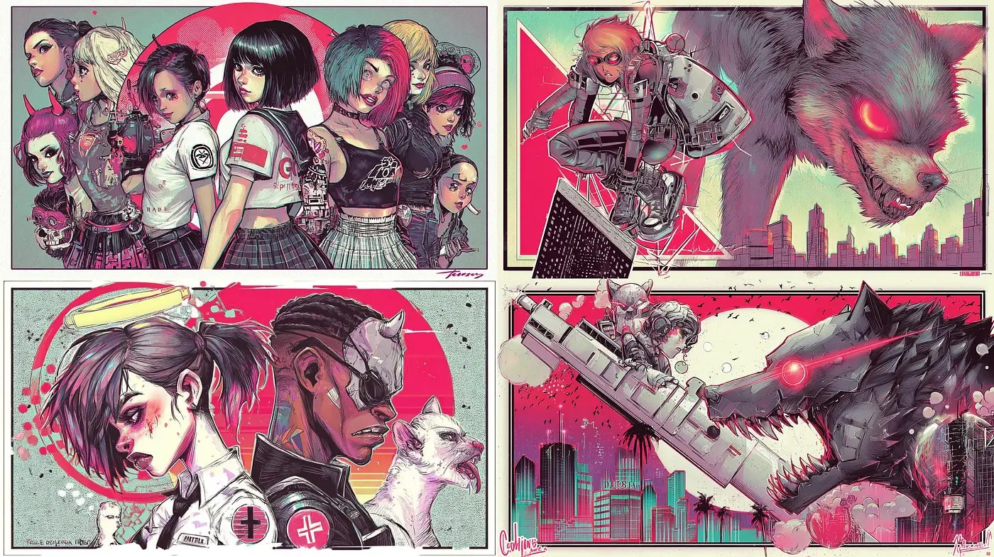 Dynamic Cyberpunk Aesthetic with Surreal Elements and Bold Color Contrast - Midjourney sref style