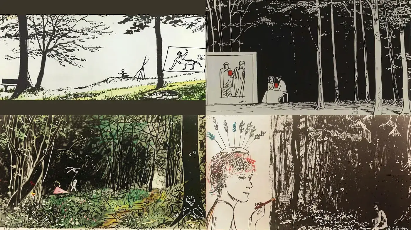 Eclectic blend of illustrative nature scenes with a surrealist touch - Midjourney sref style