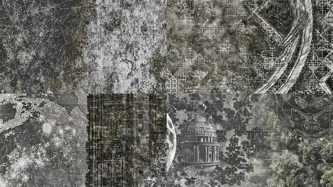 Exploration of Textured Monochrome with a Celestial Underpinning - Midjourney sref style