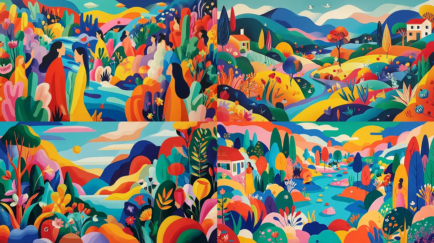 Vibrant and Playful Landscape Illustrations with Distinctive Stylistic Elements - Midjourney sref style
