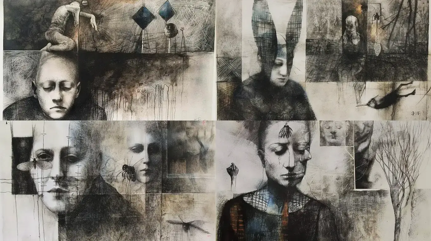 Monochromatic Expressionism with Surrealist Influences - Midjourney sref style