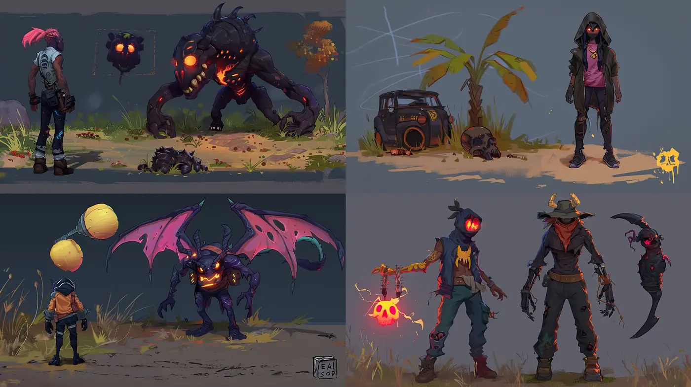 Eerie Twilight Encounter: A Fusion of Dark Fantasy and Vibrant Storybook Illustration - Midjourney sref style
