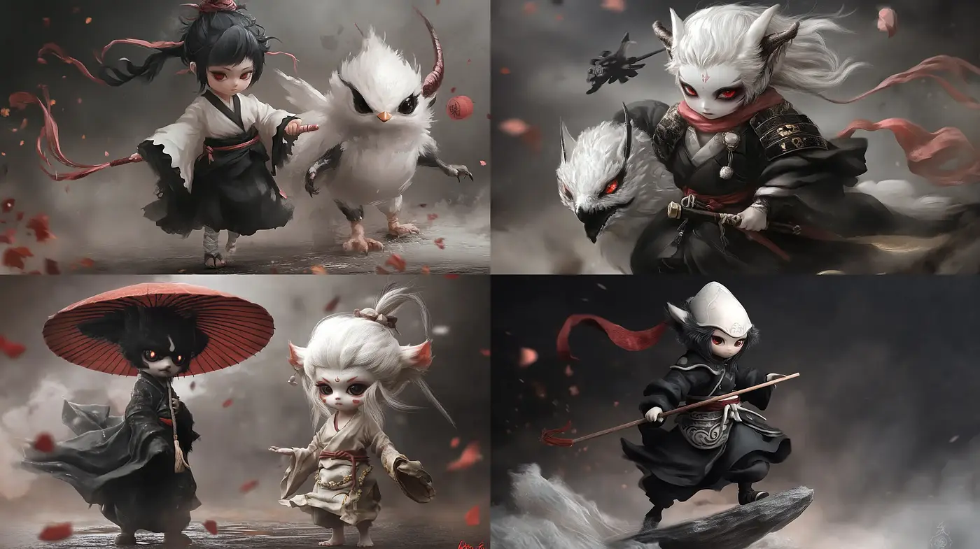 Ethereal Martial Arts Fantasy with Monochromatic Elegance and Expressive Characters - Midjourney sref style