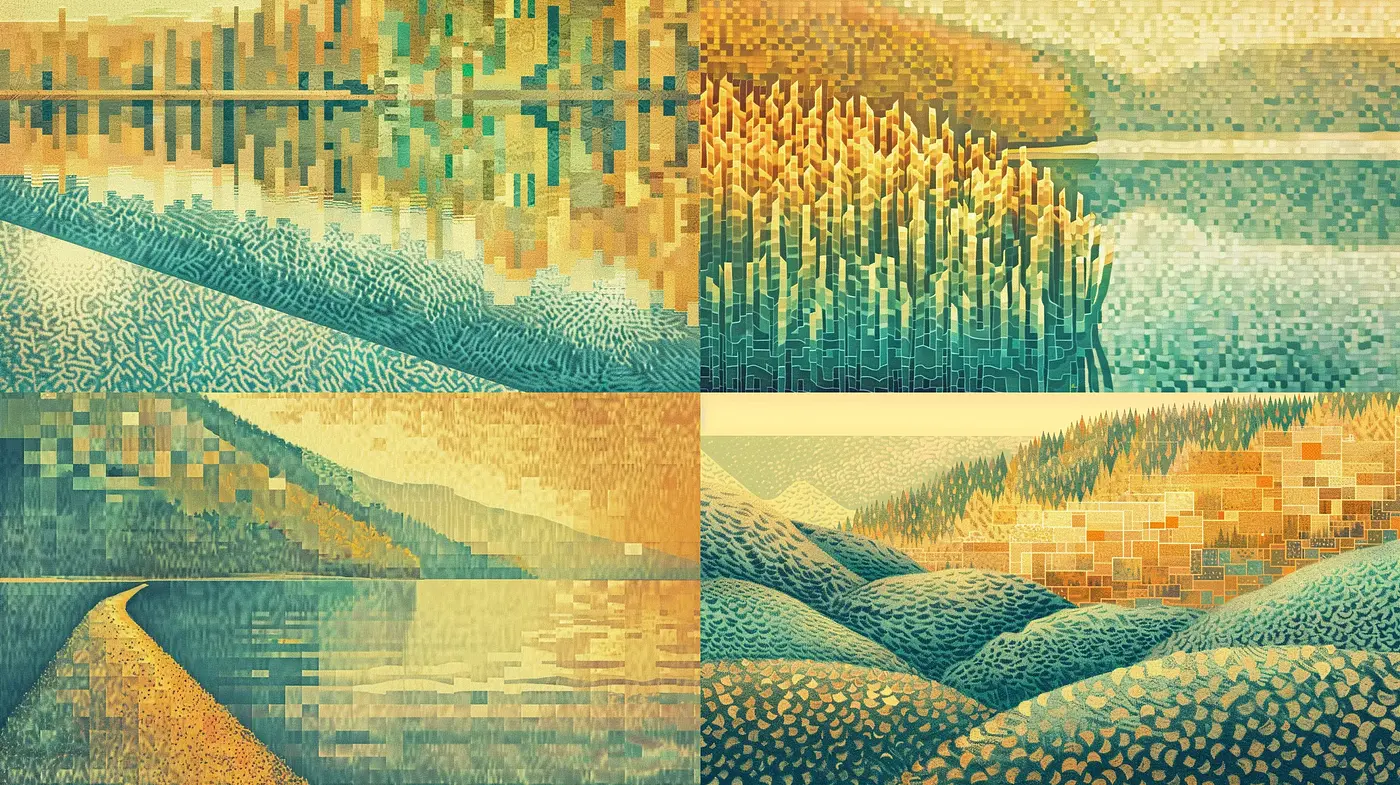 Golden Mosaic Patchwork Vistas: A Homage to Pointillist Landscapes - Midjourney sref style
