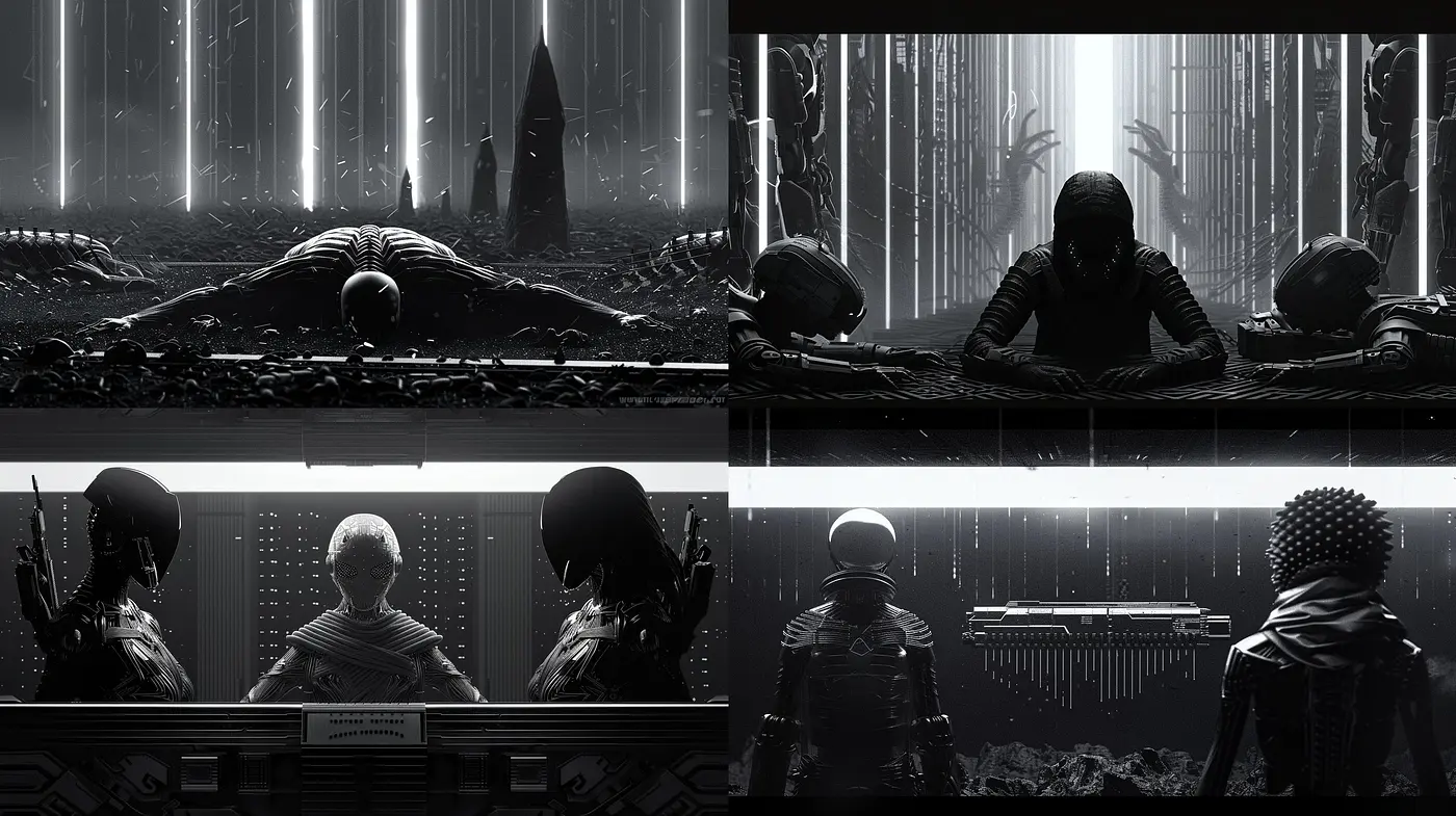 Monochromatic Futuristic Enigma: A Homage to Sci-Fi Realism and Surrealism - Midjourney sref style