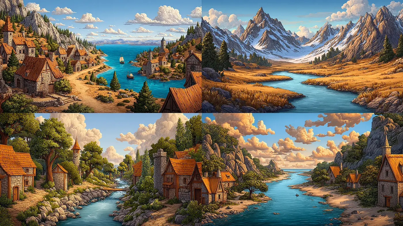 Stylized Scenic Landscapes with a Whimsical Touch - Midjourney sref style