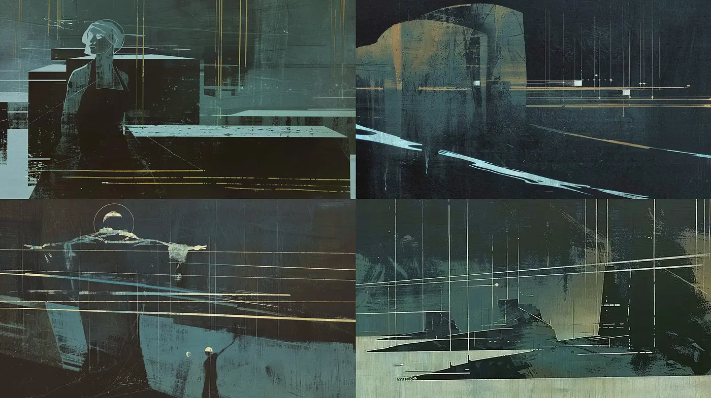 Dystopian Nocturne: A Study in Desaturated Blues and Cyberpunk Textures - Midjourney sref style