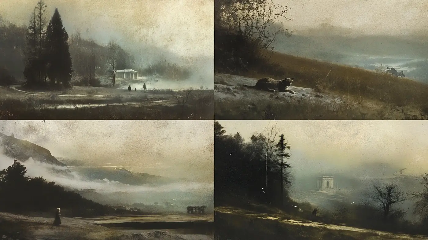 Misty Morning's Veil: An Ode to Romantic Landscape Artistry - Midjourney sref style