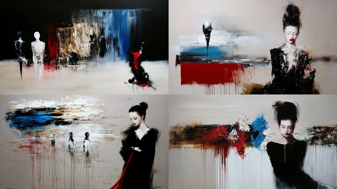 Abstract Elegance with a Dramatic Monochromatic Foundation and Vivid Accents - Midjourney sref style
