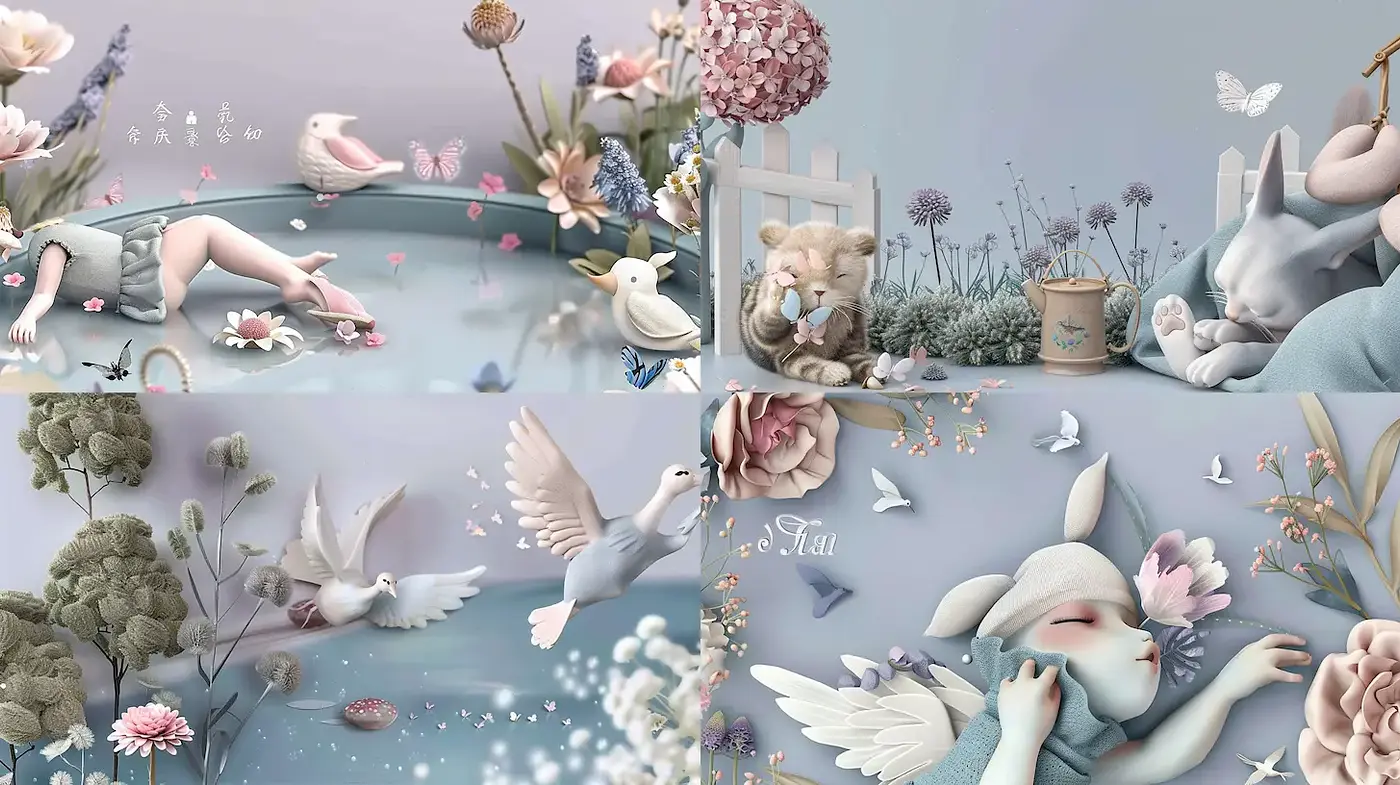 Whimsical pastel landscape with serene characters and soft textures - Midjourney sref style