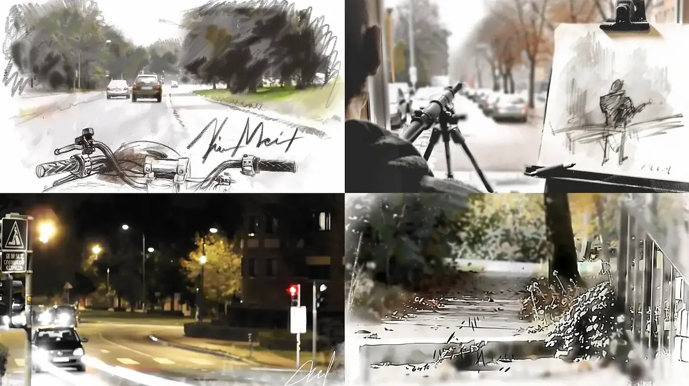 Subtle dynamic urban sketches with a blend of realism and impressionism - Midjourney sref style