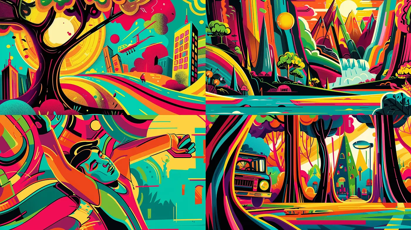 Vibrant Dreamscape Fusion: A Vivid Journey Across Stylized Realms - Midjourney sref style