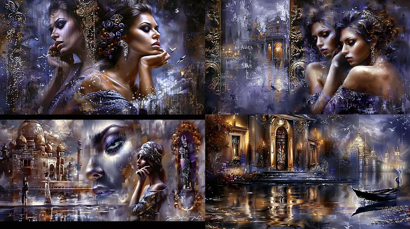 Baroque Elegance in Twilight Hues: A Fusion of Classic Romanticism and Evocative Fantasy - Midjourney sref style