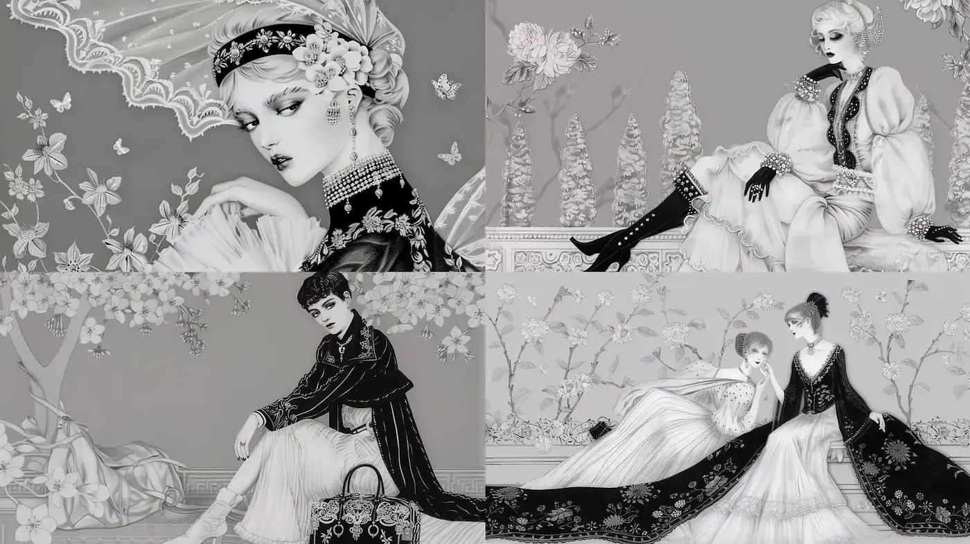 Elegant monochrome aesthetics with intricate floral motifs - Midjourney sref style