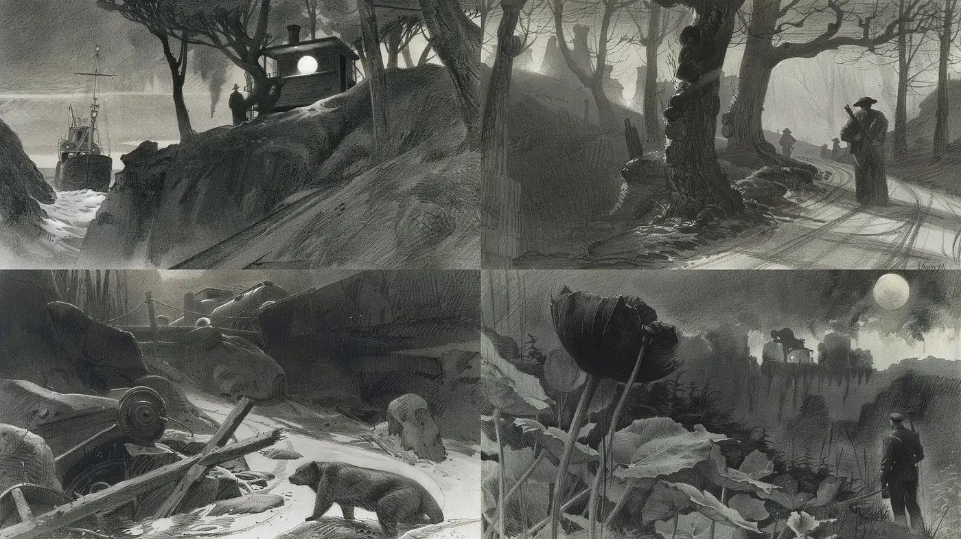 Monochromatic Twilight: A Somber Dance of Shadows and Light - Midjourney sref style
