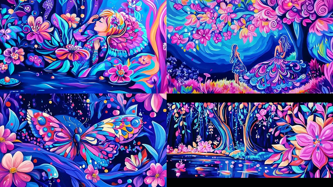 Enchanted Neon Dreamscape Fusion - Midjourney sref style