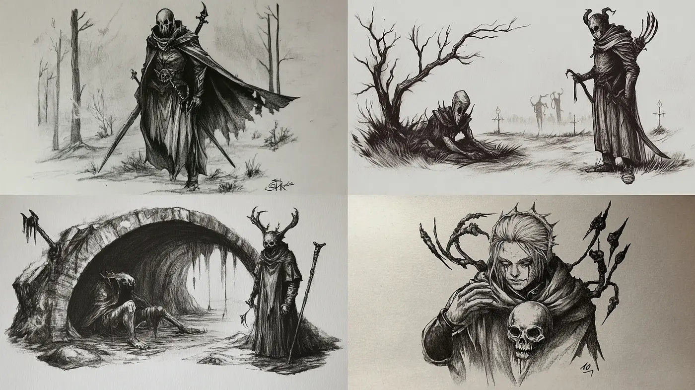 Mystical Shadows in Monochromatic Sketches - Midjourney sref style