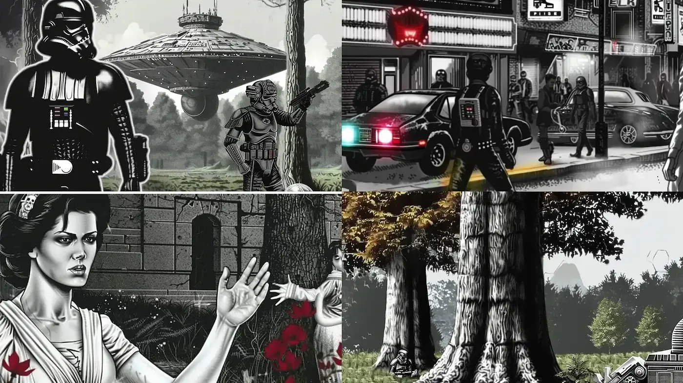 Dramatic monochromatic urban fantasy with sci-fi and vintage elements - Midjourney sref style