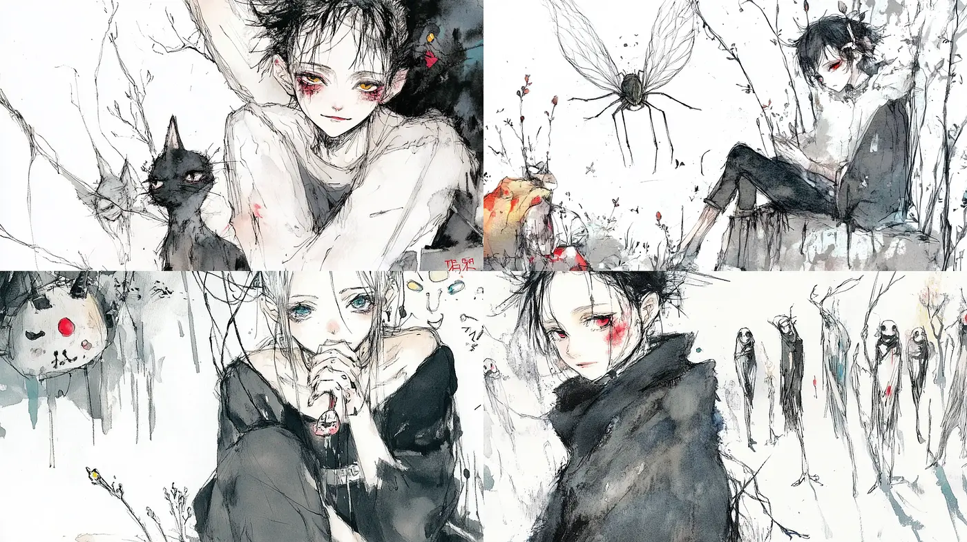 Ethereal and introspective watercolor illustrations with a gothic twist - Midjourney sref style