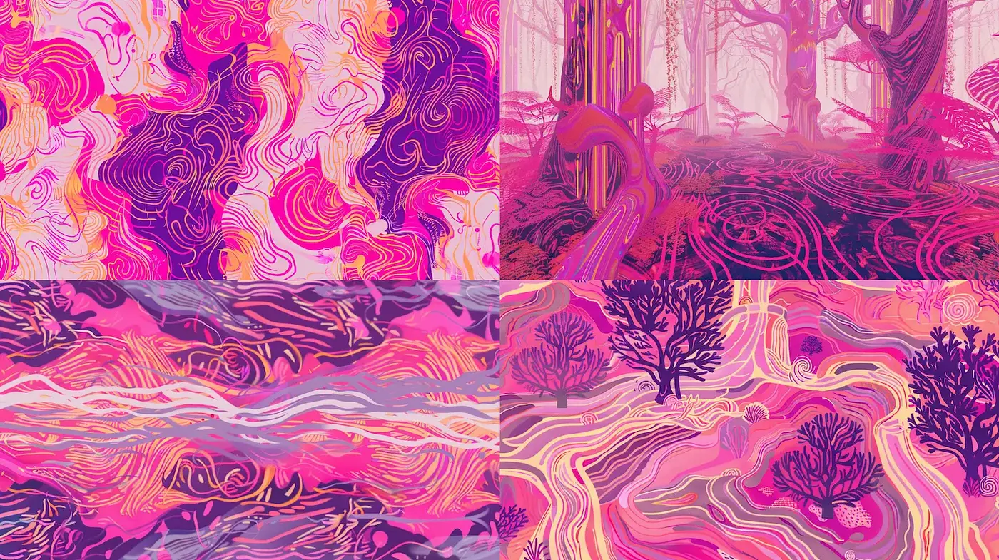 Vibrant Abstract Landscapes with Fluid Patterns and Textural Depth - Midjourney sref style