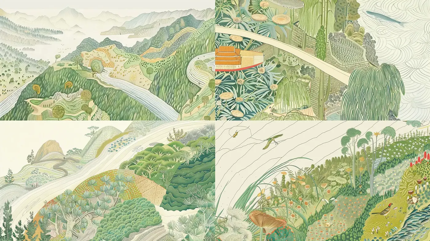 Harmonious Landscape Tapestry: A Serene Homage to Ukiyo-e and Nature - Midjourney sref style