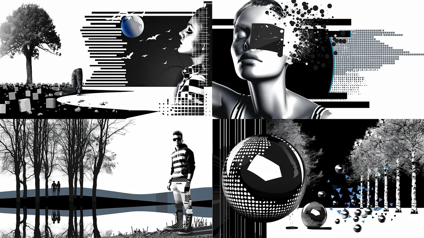 Monochromatic Digital Collage with Geometric and Surrealist Elements - Midjourney sref style